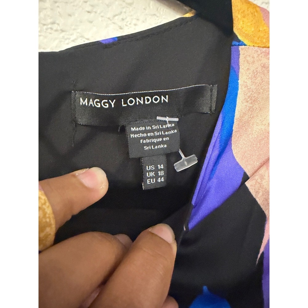 Maggy London Blue Purple Botanical Leaf Print Ruffle Hem Midi Dress Size 14 - Picture 4 of 12